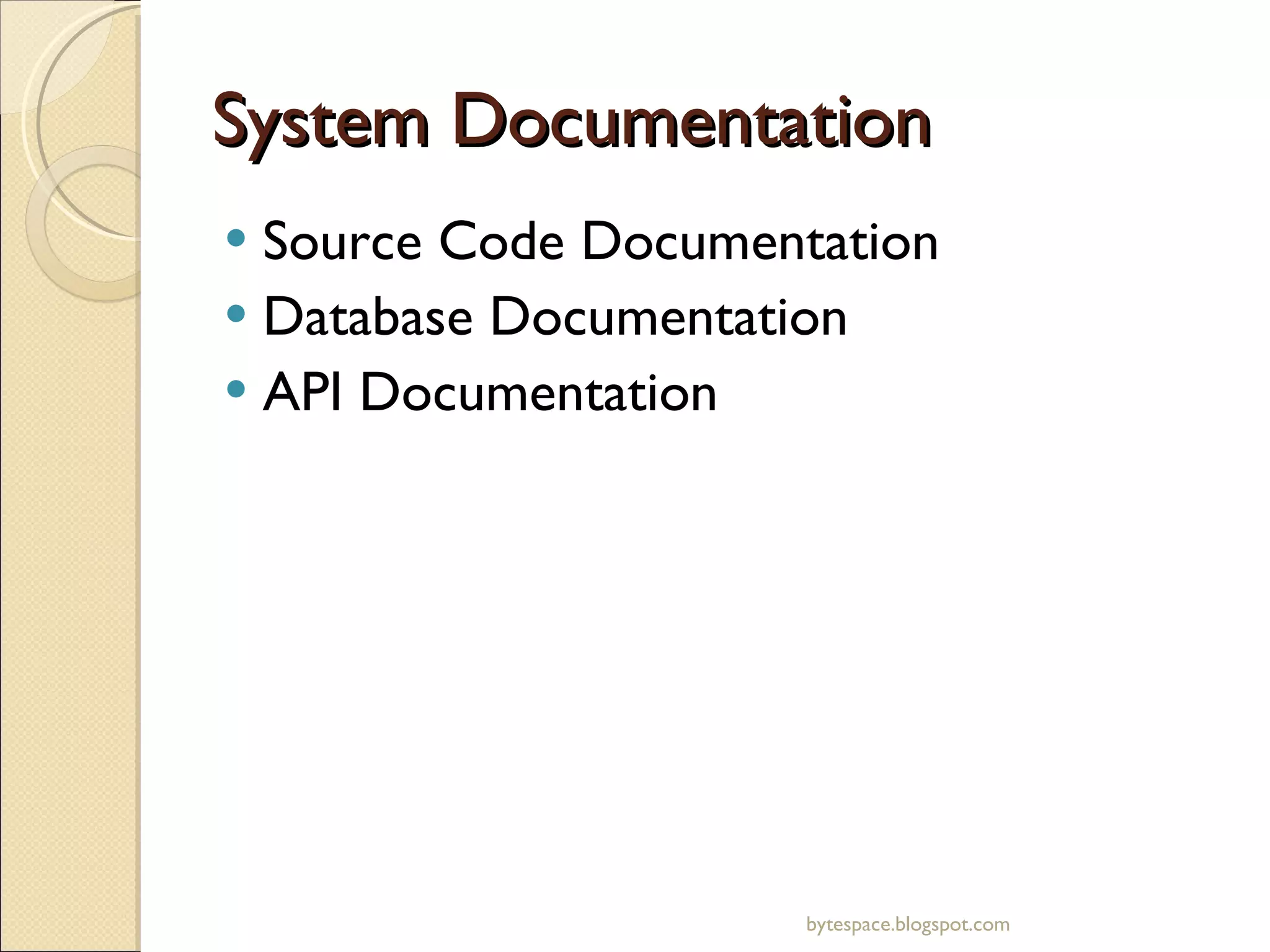 System Documentation Source Code Documentation Database Documentation API Documentation bytespace.blogspot.com 