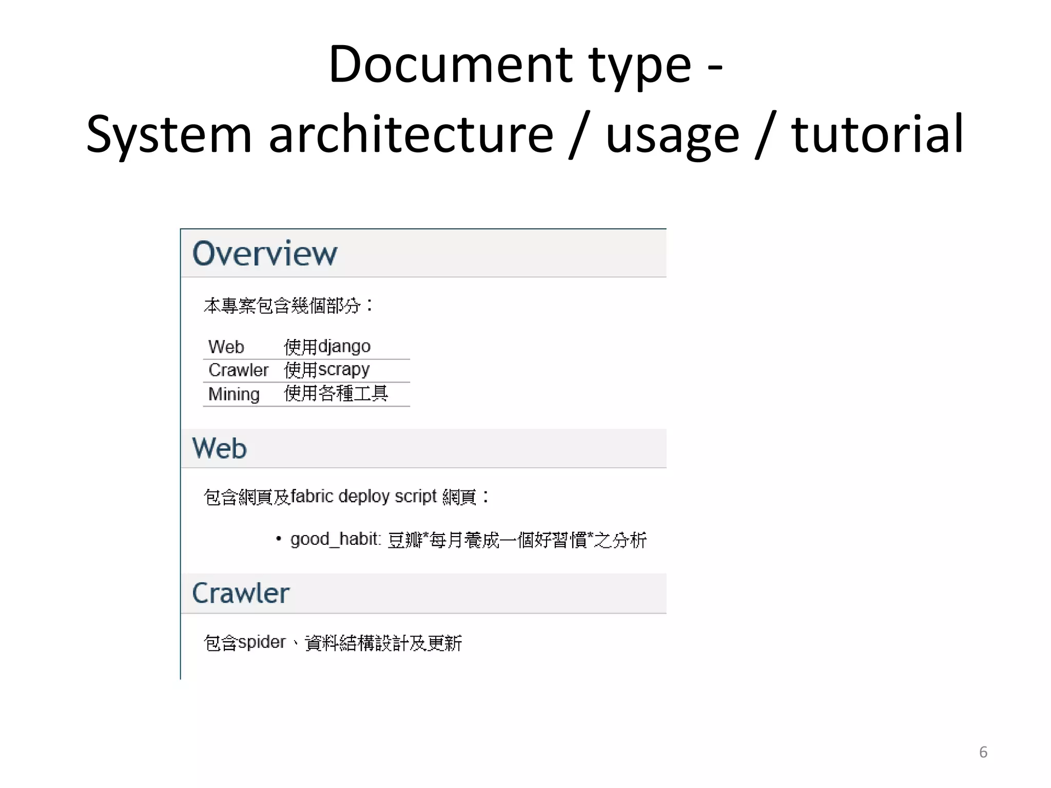 Document type -
System architecture / usage / tutorial




                                         6
 