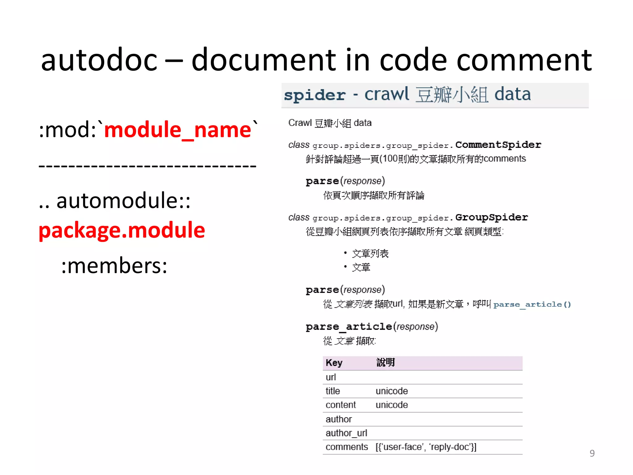 autodoc – document in code comment
:mod:`module_name`
-----------------------------
.. automodule::
package.module
   :members:




                                 9
 