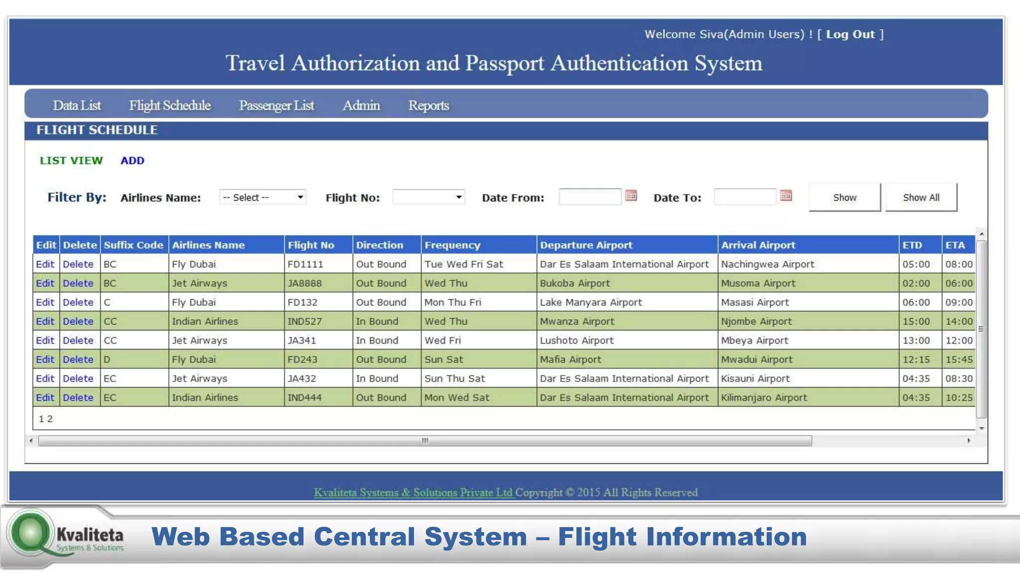 Web Based Central System – Flight Information
 