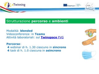 Modalità: blended
Videoconferenza: in Teams
Attività laboratoriali: sul Twinspace FVG
Percorso:
4 webinar di h. 1.30 ciascuno in sincrono
4 task di h. 1.0 ciascuna in asincrono
Strutturazione percorso e ambienti
 
