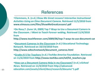 - 22 -
References
•Clemmons, K. (n.d.) Show Me Great Lessons! Interactive Instructional
Activities Using an Elmo Document Camera. Retrieved 11/5/2010 from
www.elmousa.com/files/ShowMeGreatLessons!.pdf
•De Rosa,T. (June 14, 2009) Top 7 Ways to Use a Document Camera in
the Classroom. I Want to Teach Forever weblog. Retrieved 11/4/2010
from
http://www.teachforever.com/2009/06/top-7-ways-to-use-document-cam
•Document Cameras in the Classroom (n.d.) Educational Technology
Network. Retrieved on 10/19/2010 from
http://www.edtechnetwork/document_cameras.html
•Grades K-5 for Teachers (n.d.) Toshiba America Foundation. Retrieved
on 11/6/2010 from http://www.toshiba.com/taf/k5_teachers.jsp
•How can a Document Camera Help in my Classroom? (n.d.) eSchool
News. Retrieved on 11/4/2010 from http://advanced-
education.com/assets/client/docs/research/docume~1.pdf
 