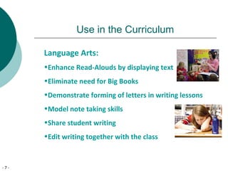 - 7 -
Use in the Curriculum
Language Arts:
•Enhance Read-Alouds by displaying text
•Eliminate need for Big Books
•Demonstrate forming of letters in writing lessons
•Model note taking skills
•Share student writing
•Edit writing together with the class
 