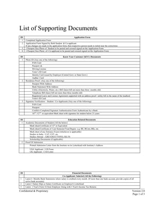 List of Supporting Documents
 ID                                                              Application Form
  1      Completed Application Form
  2      Application Form Signed by Both Student & Co-applicant
         If any changes are made in the application form, then respective person needs to initial near the corrections
     3   1 Passport Size Photo of Student to be pasted and crossed signed on the Application Form
     4   1 Passport Size Photo of- Co-applicant to be pasted and crossed signed on the Application Form

 ID                                                    Know Your Customer (KYC) Documents
  1      Photo ID (Any one of the following)
                PAN Card
                Passport ok
                Driving License
                Voter’s ID Card
                Identity Card issued by Employer (Central Govt. or State Govt.)
                Aadhar Card
     2   Residence Proof (Any one of the following)
                Passport With Address
                Bank Statement With Address
                Utility (Electricity, Water, etc.) Bill (latest bill not more than three months old)
                Telephone Bill (latest bill not more than three months old)
                Registered Leave and License Agreement supported with an address proof / utility bill in the name of the landlord
                Voter's ID Card
     3   Signature Verification – Student / Co-Applicants (Any one of the following)
                PAN Card
                Passport
                Credila's Completed Signature Authentication Form Authenticate by a Bank
                10TH /12TH or equivalent Mark sheet with signature for student below 21 years

 ID                                                       Education Related Documents
  1      Academic Documents of Student (All the below)
             Mark sheet/Certificate of 12th or Equivalent
             Mark sheet/Certificate of Last Semester/Year/Degree e.g. BE, BCom, BSc, etc.
             Mark sheet of any Entrance Exam (whichever is applicable)
             Studies in India : CAT, CET, etc.
             Studies Abroad : GRE/GMAT/TOFEL/IELTS
             Scholarship Documents (if applicable)
     2   Proof Of Admission
             Printed Admission Letter from the Institute on its Letterhead with Institute’s Address
             USA Applicant : I-20 Form
             UK Applicant : CAS Letter




 ID                                                            Financial Documents
                                                      Co-Applicant: Salaried (All the Following)
 1       Latest 6 Months Bank Statements where salary is credited every month. (If more than one bank account, provide copies of all
         active bank accounts)
 2       Latest 3 Salary Slips or Salary Certificate on Employer's Letterhead
 3       Latest 1 Year's Form 16 from Employer Along with 1 Year's Income Tax Returns
Confidential & Proprietary                                                                                                          Version 2.0
                                                                                                                                    Page 1 of 3
 