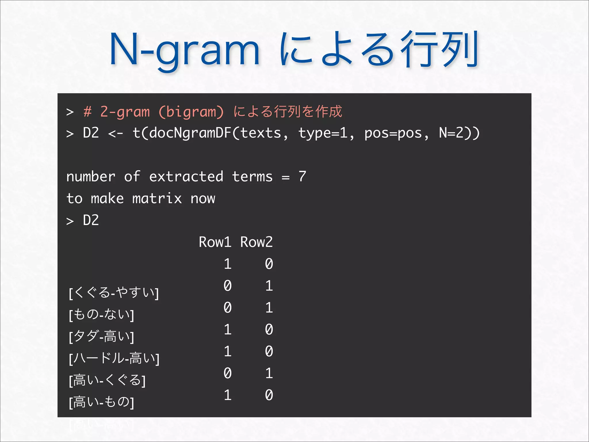 N-gram による行列
>
> D2 <- t(docNgramDF(texts, type=1, pos=pos, N=2))
number of extracted terms = 7
to make matrix now
> D2
Row1 Row2
1 0
0 1
0 1
1 0
1 0
0 1
1 0
[くぐる-やすい]
[もの-ない]
[タダ-高い]
[ハードル-高い]
[高い-くぐる]
[高い-もの]
[高い-高い]
# 2-gram (bigram) による行列を作成
 
