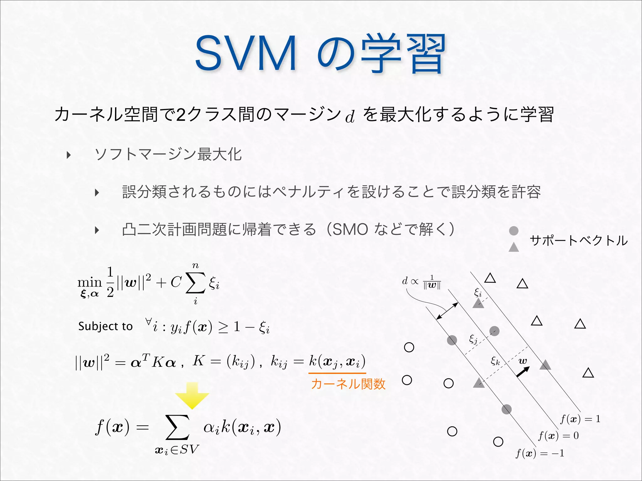 SVM の学習
dカーネル空間で2クラス間のマージン を最大化するように学習
‣ ソフトマージン最大化
‣ 誤分類されるものにはペナルティを設けることで誤分類を許容
‣ 凸二次計画問題に帰着できる（SMO などで解く）
||w||2
= αT
Kα kij = k(xj, xi)K = (kij), ,
カーネル関数
min
ξ,α
1
2
||w||2
+ C
n
i
ξi
Subject to ∀
i : yif(x) ≥ 1 − ξi
サポートベクトル
f(x) =

xi∈SV
αik(xi, x)
 
