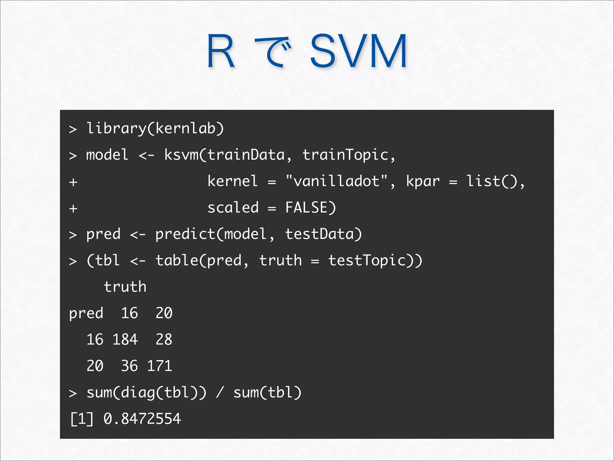R で SVM
 library(kernlab)
 model - ksvm(trainData, trainTopic,
+ kernel = vanilladot, kpar = list(),
+ scaled = FALSE)
 pred - predict(model, testData)
 (tbl - table(pred, truth = testTopic))
truth
pred 16 20
16 184 28
20 36 171
 sum(diag(tbl)) / sum(tbl)
[1] 0.8472554
 