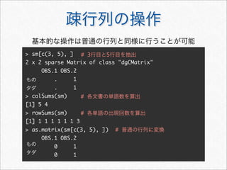 疎行列の操作
> sm[c(3, 5), ]
2 x 2 sparse Matrix of class "dgCMatrix"
OBS.1 OBS.2
. 1
. 1
> colSums(sm)
[1] 5 4
> rowSums(sm)
[1] 1 1 1 1 1 1 3
> as.matrix(sm[c(3, 5), ])
OBS.1 OBS.2
0 1
0 1
# 3行目と5行目を抽出
もの
タダ
# 各文書の単語数を算出
# 各単語の出現回数を算出
もの
タダ
# 普通の行列に変換
基本的な操作は普通の行列と同様に行うことが可能
 