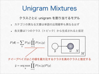 Unigram Mixtures
w N
M
クラスごとに unigram を割り当てるモデル
• カテゴリの異なる文書は単語の出現確率も異なるはず
• 各文書は1つのクラス（トピック）から生成されると仮定
P(d) =

y
P(y)
N
i=1
P(wi|y)
ˆy = arg max
y
N
i=1
P(wi|y)P(y)
ナイーブベイズはこの値を最大化するクラスを真のクラスと推定する
y
 