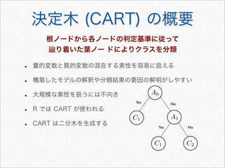 決定木 (CART) の概要
根ノードから各ノードの判定基準に従って
り着いた葉ノー ドによりクラスを分類
Yes No
Yes No
C1
C1 C2
A0
A1
• 量的変数と質的変数の混在する素性を容易に扱える
• 構築したモデルの解釈や分類結果の要因の解明がしやすい
• 大規模な素性を扱うには不向き
• R では CART が使われる
• CART は二分木を生成する
 