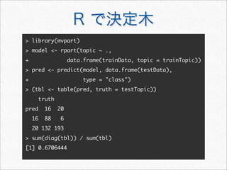 R で決定木
 library(mvpart)
 model - rpart(topic ~ .,
+ data.frame(trainData, topic = trainTopic))
 pred - predict(model, data.frame(testData),
+ type = class)
 (tbl - table(pred, truth = testTopic))
truth
pred 16 20
16 88 6
20 132 193
 sum(diag(tbl)) / sum(tbl)
[1] 0.6706444
 