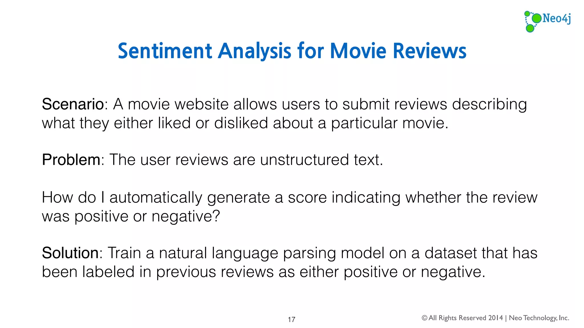 Recommend Similar Articles 
Scenario: A news website provides hundreds of new articles a day to users on a 
broad range of topics. 
Problem: The site needs to increase user engagement and time spent on the site. 
Solution: Train natural language parsing models for daily articles in order to 
provide recommendations for highly relevant articles at the bottom of each page. 
© All Rights Reserved 2014 | Neo Technology, Inc. 
17 
 