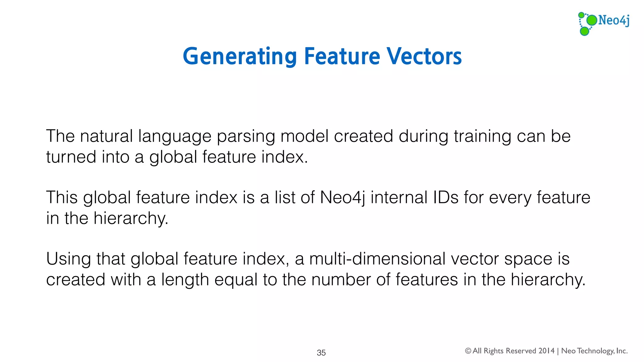 Vector-based Cosine Similarity Measure 
“The resulting similarity ranges from -1 meaning exactly opposite, to 1 
meaning exactly the same, with 0 usually indicating independence, 
and in-between values indicating intermediate similarity or 
dissimilarity.” 
© All Rights Reserved 2014 | Neo Technology, Inc. 
via Wikipedia 
35 
 