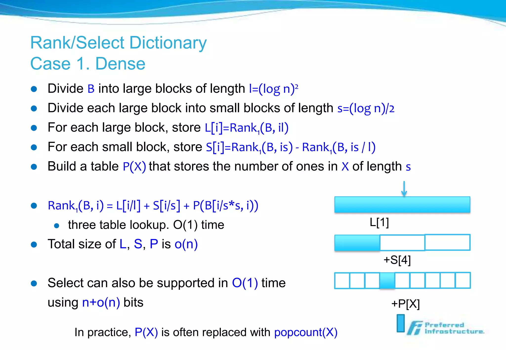 Rank/Select Dictionary
Case 1. Dense
   Divide B into large blocks of length l=(log n)2
   Divide each large block into small blocks of length s=(log n)/2
   For each large block, store L[i]=Rank1(B, il)
   For each small block, store S[i]=Rank1(B, is) - Rank1(B, is / l)
   Build a table P(X) that stores the number of ones in X of length s

   Rank1(B, i) = L[i/l] + S[i/s] + P(B[i/s*s, i))
        three table lookup. O(1) time                           L[1]
   Total size of L, S, P is o(n)
                                                                   +S[4]
   Select can also be supported in O(1) time
    using n+o(n) bits                                                   +P[X]

          In practice, P(X) is often replaced with popcount(X)
 