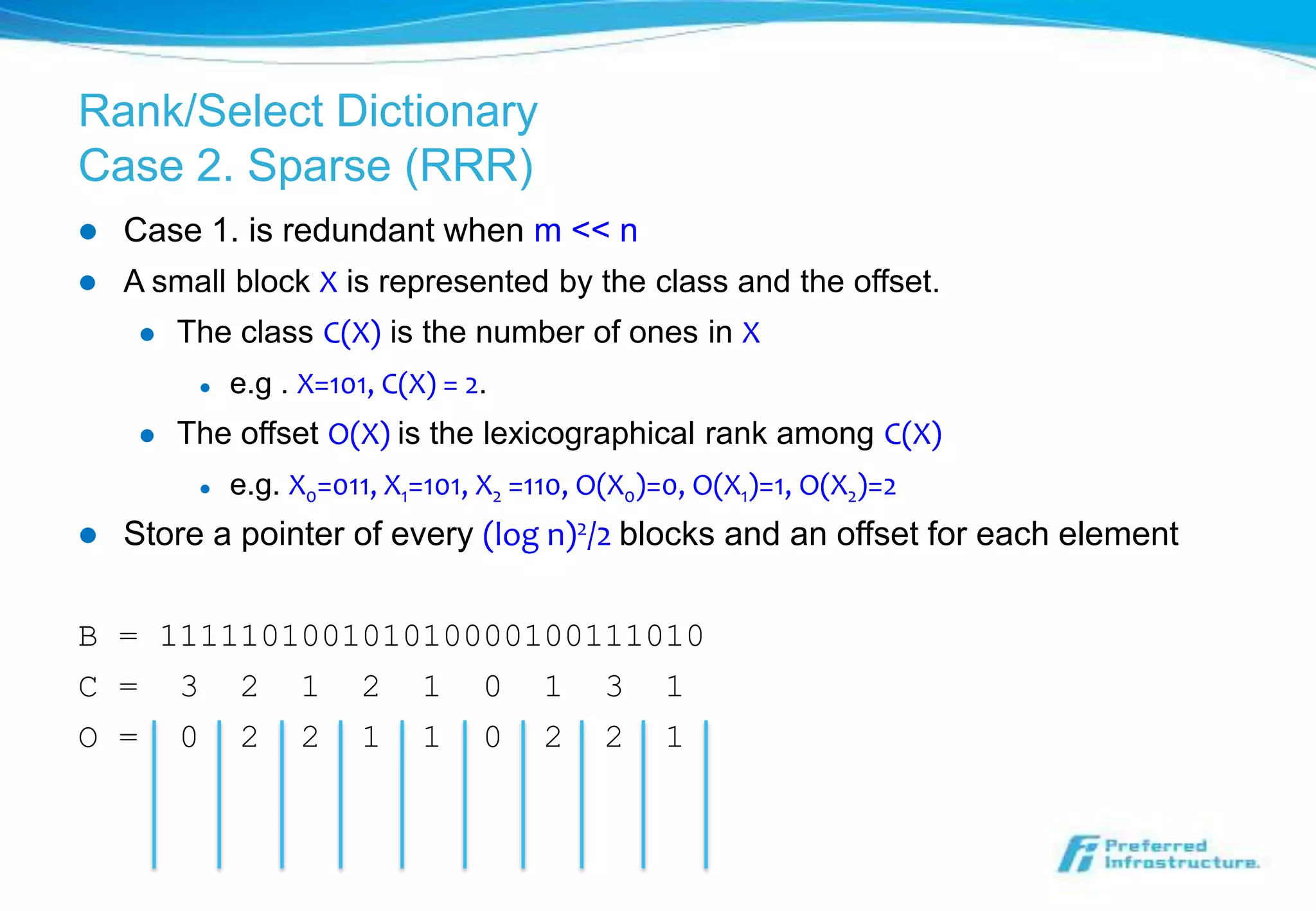 Rank/Select Dictionary
Case 2. Sparse (RRR)
   Case 1. is redundant when m << n
   A small block X is represented by the class and the offset.
        The class C(X) is the number of ones in X
             e.g . X=101, C(X) = 2.
        The offset O(X) is the lexicographical rank among C(X)
             e.g. X0=011, X1=101, X2 =110, O(X0)=0, O(X1)=1, O(X2)=2
   Store a pointer of every (log n)2/2 blocks and an offset for each element

B = 111110100101010000100111010
C = 3 2 1 2 1 0 1 3 1
O = 0 2 2 1 1 0 2 2 1
 
