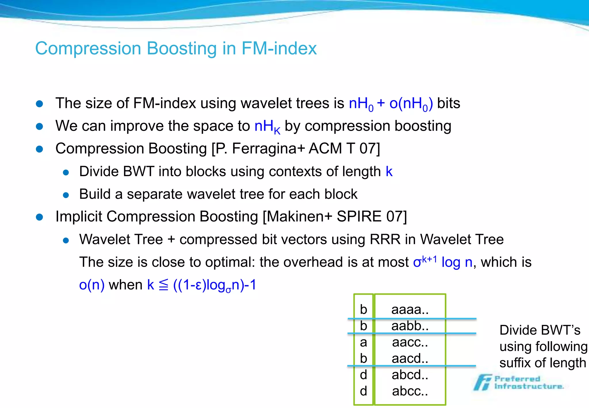 Compression Boosting in FM-index

   The size of FM-index using wavelet trees is nH0 + o(nH0) bits
   We can improve the space to nHK by compression boosting
   Compression Boosting [P. Ferragina+ ACM T 07]
        Divide BWT into blocks using contexts of length k
        Build a separate wavelet tree for each block
   Implicit Compression Boosting [Makinen+ SPIRE 07]
        Wavelet Tree + compressed bit vectors using RRR in Wavelet Tree
         The size is close to optimal: the overhead is at most σk+1 log n, which is
         o(n) when k ≦ ((1-ε)logσn)-1
                                                        b   aaaa..
                                                        b   aabb..           Divide BWT’s
                                                        a   aacc..           using following
                                                        b   aacd..           suffix of length
                                                        d   abcd..
                                                        d   abcc..
 