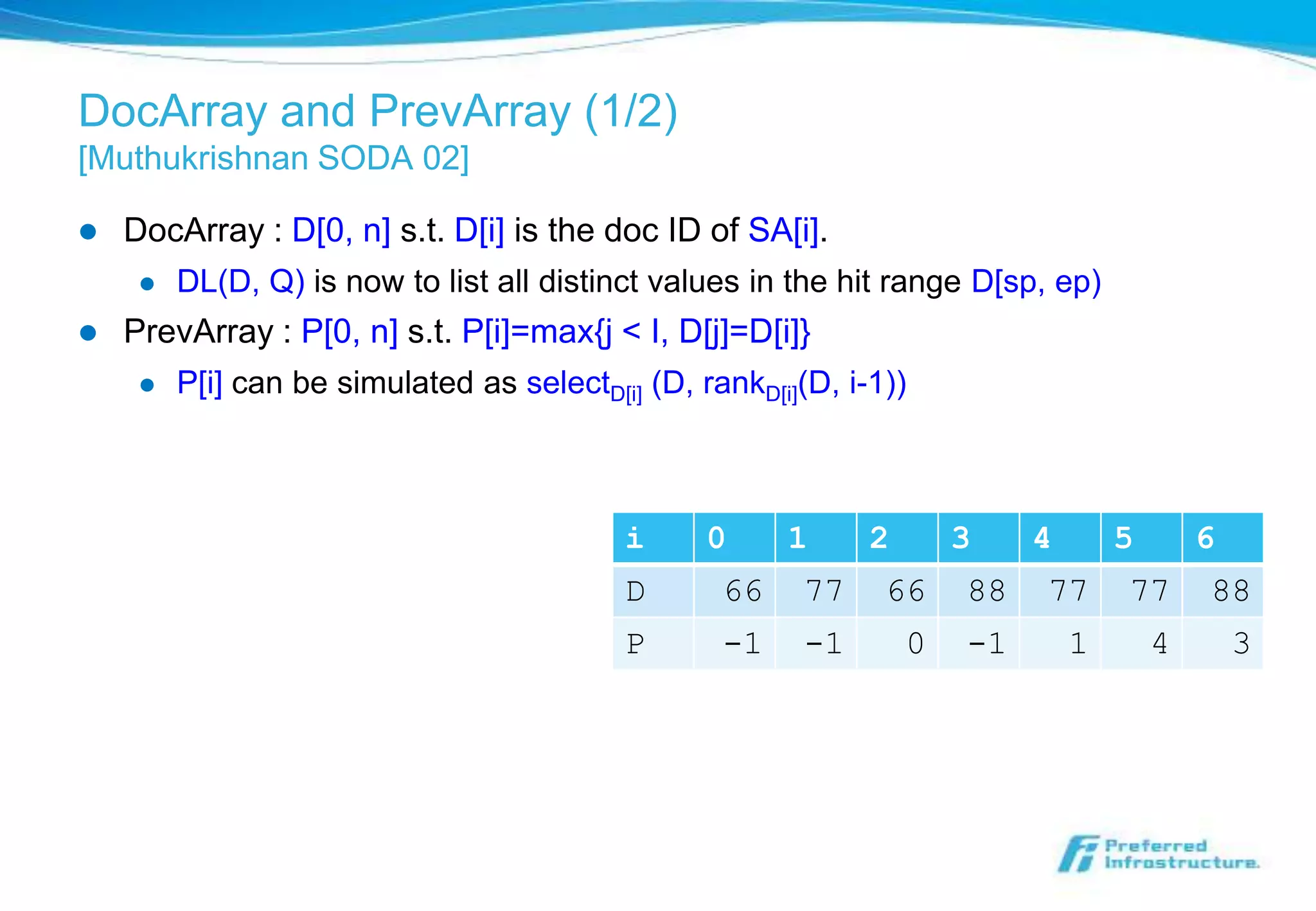 DocArray and PrevArray (1/2)
[Muthukrishnan SODA 02]

   DocArray : D[0, n] s.t. D[i] is the doc ID of SA[i].
        DL(D, Q) is now to list all distinct values in the hit range D[sp, ep)
   PrevArray : P[0, n] s.t. P[i]=max{j < I, D[j]=D[i]}
        P[i] can be simulated as selectD[i] (D, rankD[i](D, i-1))



                                           i      0     1      2       3    4       5       6
                                           D       66    77     66     88   77      77      88
                                           P       -1    -1        0   -1       1       4       3
 