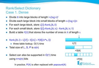 Rank/Select Dictionary
Case 1. Dense
   Divide B into large blocks of length l=(log n)2
   Divide each large block into small blocks of length s=(log n)/2
   For each large block, store L[i]=Rank1(B, il)
   For each small block, store S[i]=Rank1(B, is) - Rank1(B, is / l)
   Build a table P(X) that stores the number of ones in X of length s

   Rank1(B, i) = L[i/l] + S[i/s] + P(B[i/s*s, i))
        three table lookup. O(1) time                           L[1]
   Total size of L, S, P is o(n)
                                                                   +S[4]
   Select can also be supported in O(1) time
    using n+o(n) bits                                                   +P[X]

          In practice, P(X) is often replaced with popcount(X)
 
