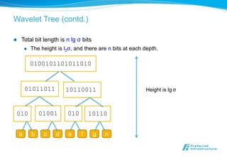 Wavelet Tree (contd.)

   Total bit length is n lg σ bits
           The height is l2σ, and there are n bits at each depth.

            0100101101011010


        01011011          10110011                          Height is lg σ



010             01001      010       10110


    a       b    c    d     e    f    g    n
 