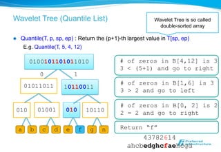 Wavelet Tree (Quantile List)                                Wavelet Tree is so called
                                                              double-sorted array

   Quantile(T, p, sp, ep) : Return the (p+1)-th largest value in T[sp, ep)
        E.g. Quantile(T, 5, 4, 12)

          0100101101011010                      # of zeros in B[4,12] is 3
                                                3 < (5+1) and go to right
               0               1
        01011011                                # of zeros in B[1,6] is 3
                          10110011
                                                3 > 2 and go to left

                                                # of zeros in B[0, 2] is 2
010            01001      010          10110    2 = 2 and go to right

    a      b    c    d     e       f    g   n   Return “f”
                                                     43782614
                                                 ahcbedghcfaehcgd
 