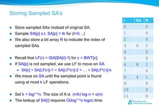 Storing Sampled SA’s
                                                                 i    SA   R
   Store sampled SAs instead of original SA.                    0         0
   Sample SA[p] s.t. SA[p] = tk for (t=0…)                      1         0
   We also store a bit array R to indicate the index of         2         0
    sampled SAs.                                                 3    0    1
                                                                 4         0
   Recall that LF(r) = ISA[SA[r]-1] for c = BWT[c].             5         0
   If SA[p] is not sampled, we use LF to move on SA             6    8    1
        SA[r] = SA[LF(r)]-1 = SA[LF2(r)]-2 = … = SA[LFk(r)]-k   7         0
   We move on SA until the sampled point is found               8    4    1
    using at most k LF operations.                               9         0
                                                                 10        0
   Set k = log1+εn. The size of A is (n/k) log n = o(n)         11        0
   The lookup of SA[i] requires O(log1+εn logσ) time.
 
