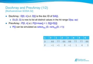 DocArray and PrevArray (1/2)
[Muthukrishnan SODA 02]

   DocArray : D[0, n] s.t. D[i] is the doc ID of SA[i].
        DL(D, Q) is now to list all distinct values in the hit range D[sp, ep)
   PrevArray : P[0, n] s.t. P[i]=max{j < I, D[j]=D[i]}
        P[i] can be simulated as selectD[i] (D, rankD[i](D, i-1))



                                           i      0     1      2       3    4       5       6
                                           D       66    77     66     88   77      77      88
                                           P       -1    -1        0   -1       1       4       3
 