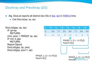 DocArray and PrevArray (2/2)

   Alg. DocList reports all distinct doc IDs in [sp, ep) in O(|DL|) time.
        Call DocList(sp, sp, ep)


DocList(gsp, sp, ep)                          i     0      1        2       3    4       5       6
 IF sp=ep                                     D       66       77   66      88    77     88      88
    RETURN;
 (min, pos) := RMQ(P, sp, ep)                 P       -1       -1       0   -1       1       3       5
 IF min ≧ gsp
                                                                    RMQ(P, 2, 7) = -1 (=P[3])
    RETURN;                                                         Report D[3]
 Report D[pos]
 DocList(gsp, sp, pos)
 DocList(gsp, pos+1, ep)

                                    RMQ(P, 2, 3) = 0 (=P[2])
                                                                            RMQ(P, 5, 7) = 3 (=P[5])
                                    Report D[2]
                                                                            Return
 