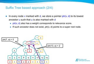 Suffix Tree based approach (2/4)

      In every node v marked with d, we store a pointer ptr(v, d) to its lowest
       ancestor u such that u is also marked with d
           ptr(v, d) also has a weight corresponds to relevance score.
           If such ancestor does not exist, ptr(v, d) points to a super root node.



                                         1    c
ptr(7, a) = 2
                            2   a   b    c
                                                           ptr(13, a) = 2

             3              7   a        10   c


       4        5   6   8       9   11   12       13   14
       a        c   b   a       a   c    c        b    c
 