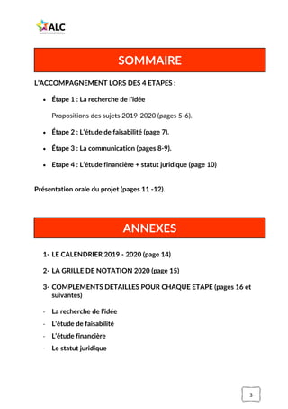 3
L’ACCOMPAGNEMENT LORS DES 4 ETAPES :
• Étape 1 : La recherche de l’idée
Propositions des sujets 2019-2020 (pages 5-6).
• Étape 2 : L’étude de faisabilité (page 7).
• Étape 3 : La communication (pages 8-9).
• Etape 4 : L’étude financière + statut juridique (page 10)
Présentation orale du projet (pages 11 -12).
• Grille de notation 2020 (nouveau).
1- LE CALENDRIER 2019 - 2020 (page 14)
2- LA GRILLE DE NOTATION 2020 (page 15)
3- COMPLEMENTS DETAILLES POUR CHAQUE ETAPE (pages 16 et
suivantes)
- La recherche de l’idée
- L’étude de faisabilité
- L’étude financière
- Le statut juridique
SOMMAIRE
ANNEXES
 