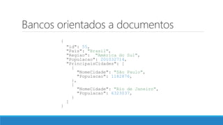 Bancos orientados a documentos
{
"id": 55,
"Pais": "Brasil",
"Regiao": "América do Sul",
"Populacao": 201032714,
"PrincipaisCidades": [
{
"NomeCidade": "São Paulo",
"Populacao": 1182876,
},
{
"NomeCidade": "Rio de Janeiro",
"Populacao": 6323037,
}
]
}
 