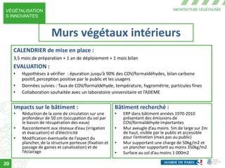 VÉGÉTALISATION
S INNOVANTES
CALENDRIER de mise en place :
3,5 mois de préparation + 1 an de déploiement + 1 mois bilan
EVALUATION :
• Hypothèses à vérifier : épuration jusqu’à 90% des COV/formaldéhydes, bilan carbone
positif, perception positive par le public et les usagers
• Données suivies : Taux de COV/formaldéhyde, température, hygrométrie, particules fines
• Collaboration souhaitée avec un laboratoire universitaire et l’ADEME
Impacts sur le bâtiment :
• Réduction de la zone de circulation sur une
profondeur de 50 cm (occupation du sol par
le bassin de récupération des eaux)
• Raccordement aux réseaux d’eau (irrigation
et évacuation) et d’électricité
• Modification éventuelle de l’aspect du
plancher, de la structure porteuse (fixation et
passage de gaines et canalisation) et de
l’éclairage
Bâtiment recherché :
• ERP dans bâtiment années 1970-2010
présentant des émissions de
COV/formaldéhyde importantes
• Mur aveugle d’au moins 5m de large sur 2m
de haut, visible par le public et accessible
pour l’entretien (mais pas au public)
• Mur supportant une charge de 50kg/m2 et
un plancher supportant au moins 350kg/m2
• Surface au sol d’au moins 1 000m2
Murs végétaux intérieurs
20
 