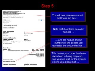 Step 5 You will now receive an email that looks like this … Note that it contains an order number … …  and the names and ID numbers of the people you requested the documents for … This means your order has been placed and is being prepared. Now you just wait for the system to send you a new mail … 