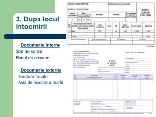 3. Dupa locul
intocmirii
- Documente interne
Stat de salarii
Bonul de consum
- Documente externe
Factura fiscala
Aviz de insotire a marfii
 