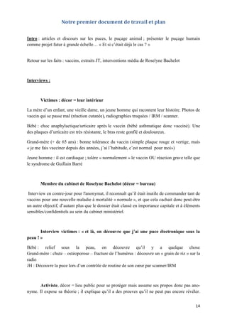 14
Notre premier document de travail et plan
Intro : articles et discours sur les puces, le puçage animal ; présenter le puçage humain
comme projet futur à grande échelle… « Et si c’était déjà le cas ? »
Retour sur les faits : vaccins, extraits JT, interventions média de Roselyne Bachelot
Interviews :
Victimes : décor = leur intérieur
La mère d’un enfant, une vieille dame, un jeune homme qui racontent leur histoire. Photos de
vaccin qui se passe mal (réaction cutanée), radiographies truquées / IRM / scanner.
Bébé : choc anaphylactique/urticaire après le vaccin (bébé asthmatique donc vacciné). Une
des plaques d’urticaire est très résistante, le bras reste gonflé et douloureux.
Grand-mère (+ de 65 ans) : bonne tolérance du vaccin (simple plaque rouge et vertige, mais
« je me fais vacciner depuis des années, j’ai l’habitude, c’est normal pour moi»)
Jeune homme : il est cardiaque ; tolère « normalement » le vaccin OU réaction grave telle que
le syndrome de Guillain Barré
Membre du cabinet de Roselyne Bachelot (décor = bureau)
Interview en contre-jour pour l'anonymat, il reconnaît qu’il était inutile de commander tant de
vaccins pour une nouvelle maladie à mortalité « normale », et que cela cachait donc peut-être
un autre objectif, d’autant plus que le dossier était classé en importance capitale et à éléments
sensibles/confidentiels au sein du cabinet ministériel.
Interview victimes : « et là, on découvre que j’ai une puce électronique sous la
peau ! »
Bébé : relief sous la peau, on découvre qu’il y a quelque chose
Grand-mère : chute – ostéoporose – fracture de l’humérus : découvre un « grain de riz » sur la
radio
JH : Découvre la puce lors d’un contrôle de routine de son cœur par scanner/IRM
Activiste, décor = lieu public pour se protéger mais assume ses propos donc pas ano-
nyme. Il expose sa théorie ; il explique qu’il a des preuves qu’il ne peut pas encore révéler.
 