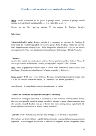 16
Plan de travail avant notre recherche de comédiens
Intro : articles et discours sur les puces, le puçage animal ; présenter le puçage humain
comme un projet futur à grande échelle… « Et si c’était déjà le cas ? »
Retour sur les faits : vaccins, extraits JT, interventions de Roselyne Bachelot
Interviews :
Médecin/infirmière universitaire : participe à la campagne, en vaccinant les étudiants de
l'université. En constatant des effets secondaires graves, il/elle décide de stopper ces vaccina-
tions. Opposition avec ses supérieurs : il/elle finit par être mis(e) à pied, ce qui est une mesure
disproportionnée. C'est suite à cette rencontre que l'équipe de tournage a décidé d'enquêter.
Victimes :
la mère d’un enfant, une vieille dame, un jeune homme qui racontent leur histoire. Photos de
vaccin qui se passe mal (réaction cutanée), radiographies truquées / IRM / scanner
Bébé : choc anaphylactique/urticaire après le vaccin (bébé asthmatique donc vacciné). Une
des plaques d’urticaire est très résistante, le bras reste gonflé et douloureux.
Grand-mère (+ de 60 ans) : bonne tolérance du vaccin (simple plaque rouge et vertige, mais
« je me fais vacciner depuis des années, j’ai l’habitude, c’est normal pour moi»)
Jeune homme : il est cardiaque ; tolère « normalement » le vaccin
Membre du cabinet de Roselyne Bachelot (décor = bureau)
Interview en contre-jour anonymée, il reconnaît qu’il était inutile de commander tant de vac-
cins pour une nouvelle maladie à taux de mortalité « normale », et que cela cachait donc peut-
être un autre objectif, d’autant plus que le dossier était classé en importance capitale et à élé-
ments sensibles/confidentiels au sein du cabinet ministériel.
Activiste, décor = bibliothèque publique pour protéger sa vie privée et le crédibiliser
Il réexplique les faits troublants : rapidité de la création du vaccin et de la campagne, sommes
dépensées... Il nous suggère de contacter le directeur du magazine Artznei Telegramm, connu
 
