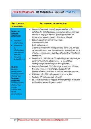 17 Management de risque – hammanibachir54@gmail.com
Les travaux
en hauteur
Les mesures de protection
Dangers ou
Situations
Dangereuses
 Utilisation
échafaudage
 (installation
des
échafaudages
(manutention
manuelle,
 transport,
déséquilibre,…)
Risques
-blessures
-Renversement
-Chute de hauteur
-Chute d’objet
Dommages
Susceptibles
-Chute de hauteur
-Chute d’objet
-fracture
-traumatisme
-lésion
dorsolombaire
 Les plateformes de travail, les passerelles, et les
échelles des échafaudages construites, dimensionnées
et utiliser de façon à éviter que les personnes ne
tombent ou soient exposées à la chute d’objet
 Les échafaudages seront inspectés :
1-avant utilisation
2-périodiquement.
3-après d’éventuelles modifications, après une période
de non utilisation, une exposition aux intempéries, ou à
d’autres circonstances ayant pu affecter leur résistance
et stabilité.
 Les éléments d’assise de l’échafaudage seront protégés
contre d’éventuels, glissements : la stabilité de
l’échafaudage devra toujours être garantie.
 Les plateformes de l’échafaudage seront adaptées au
travail à réaliser et la charge à supporter et
permettront de travailler et circuler en toute sécurité.
 Utilisation des EPC ex le garde-corps ou le filet
 Port des EPI ex harnais de sécurité
 La sensibilisation aux risques de manutention manuelle
(utilisation des outillages à main)
FICHE DE RISQUE N°2 - LES TRAVAUX EN HAUTEUR - PAGE N°3
 