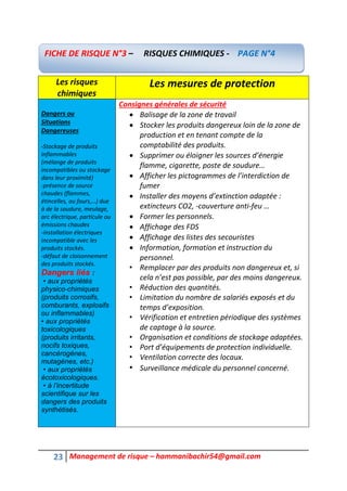 23 Management de risque – hammanibachir54@gmail.com
Les risques
chimiques
Les mesures de protection
Dangers ou
Situations
Dangereuses
-Stockage de produits
inflammables
(mélange de produits
incompatibles ou stockage
dans leur proximité)
-présence de source
chaudes (flammes,
étincelles, ou fours,…) due
à de la soudure, meulage,
arc électrique, particule ou
émissions chaudes
-installation électriques
incompatible avec les
produits stockés.
-défaut de cloisonnement
des produits stockés.
Dangers liés :
• aux propriétés
physico-chimiques
(produits corrosifs,
comburants, explosifs
ou inflammables)
• aux propriétés
toxicologiques
(produits irritants,
nocifs toxiques,
cancérogènes,
mutagènes, etc.)
• aux propriétés
écotoxicologiques.
• à l’incertitude
scientifique sur les
dangers des produits
synthétisés.
Consignes générales de sécurité
 Balisage de la zone de travail
 Stocker les produits dangereux loin de la zone de
production et en tenant compte de la
comptabilité des produits.
 Supprimer ou éloigner les sources d’énergie
flamme, cigarette, poste de soudure…
 Afficher les pictogrammes de l’interdiction de
fumer
 Installer des moyens d’extinction adaptée :
extincteurs CO2, -couverture anti-feu …
 Former les personnels.
 Affichage des FDS
 Affichage des listes des secouristes
 Information, formation et instruction du
personnel.
• Remplacer par des produits non dangereux et, si
cela n’est pas possible, par des moins dangereux.
• Réduction des quantités.
• Limitation du nombre de salariés exposés et du
temps d’exposition.
• Vérification et entretien périodique des systèmes
de captage à la source.
• Organisation et conditions de stockage adaptées.
• Port d’équipements de protection individuelle.
• Ventilation correcte des locaux.
• Surveillance médicale du personnel concerné.
FICHE DE RISQUE N°3 – RISQUES CHIMIQUES - PAGE N°4
 