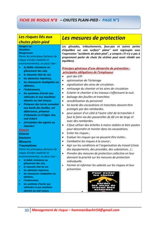 30 Management de risque – hammanibachir54@gmail.com
Les risques liés aux
chutes plain-pied
Les mesures de protection
Dangers ou
Situations
Dangereuses
Parmi les principaux facteurs de
risque d'ordre matériel et
environnemental, on peut citer :
 la faible résistance au
glissement des sols,
 le mauvais état du sol,
 les obstacles imprévus,
 les chaussures inadaptées ou
abîmées,
 l'éclairement,
 les systèmes d'accès aux
véhicules et aux machines
absents ou mal conçus.
 Présence des terres excavées
aux bords des fouilles, sol
défectueux, présence
d’obstacles et d’objet, lieu
mal éclairé
 (circulation des agents au
chantier)
Risques
Entorse
fractures
Blessures
Traumatisme
Parmi les principaux facteurs de
risque d'ordre matériel et
environnemental, on peut citer :
 la faible résistance au
glissement des sols,
 le mauvais état du sol,
 les obstacles imprévus,
 les chaussures inadaptées ou
abîmées,
 l'éclairement,
 les systèmes d'accès aux
véhicules et aux machines
absents ou mal conçus.
Les glissades, trébuchements, faux-pas et autres pertes
d'équilibre sur une surface" plane" sont regroupés sous
l'expression "accidents de plain-pied", y compris s'il n'y a pas à
proprement parler de chute (la victime peut avoir rétabli son
équilibre).
Principes généraux d’une démarche de prévention :
principales obligations de l’employeur
 port des EPI
 optimisation de l’éclairage
 signalisation des aires de circulation.
 nettoyage du chantier et les aires de circulation
 Eclairer le chantier si les travaux s’effectuent la nuit.
 balisage des fouilles et tranchées
 sensibilisation du personnel
 les bords des excavations et tranchées doivent être
protégés par des rambardes.
 pour passer d’un côté à l’autre côté de la tranchée il
faut le faire via des passerelles de 60 cm de large et
avec des rambardes.
 il faut utiliser des échelles à mains stables et bien posées
pour descendre et monter dans les excavations.
 Eviter les risques ;
 Evaluer les risques qui ne peuvent être évités ;
 Combattre les risques à la source ;
 Agir sur les conditions et l’organisation du travail (choix
des équipements, des procédés, des substances…) ;
 Prendre des mesures de protection collective en leur
donnant la priorité sur les mesures de protection
individuelle.
 Former et informer les salariés sur les risques et leur
prévention.

FICHE DE RISQUE N°8 – CHUTES PLAIN-PIED - PAGE N°1
 