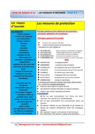 36 Management de risque – hammanibachir54@gmail.com
Les risques
d’’incendie
Les mesures de protection
LES RISQUES
- Fumées toxiques.
- La mort par asphyxie,
-Les intoxications,
-Fumées toxiques.
- Brulures
-Décès
- Incendies
- Explosions
- Traumatisme
-Pollution de l’air
- Dommages aux
bâtiments, installations et
équipements.
- pollution du sol et de l’eau
-distriction de la flore et la
faune
-L’image de marque de
l’entreprise avec des
conséquences financières
immédiates,
- Les pertes pour les
entreprises
- Perturbation dans la
production
- Un manque à gagner
- Fermeture totale ou
partielle d’une usine
(temps de remise sur pied
de l’usine après un
incendie)
Mises à pied…
- les statistiques montrent
que 70% des entreprises
victimes d’un incendie,
Principes généraux d’une démarche de prévention :
principales obligations de l’employeur
Consigne général d’incendie
► Evitez les causes du feu
► Le feu est le plus souvent la sanction d'une
imprudence ou d'une négligence.
► NE FUMEZ PAS : dans les endroits ou l'interdiction est affichée
► N’UTILISEZ PAS : d'appareillage électricité en mauvais état.
► NE LAISSEZ PAS : votre chantier ou bureau en désordre.
► N'ENCOMBREZ PAS : les abords des moyens de secours.
► N'ENCOMBREZ PAS : sous aucun prétexte les issues ou passage.
MAIS
► RESPECTEZ : lesconsignesdesécurité
► DEMANDEZ : conseildansledouteetl'embarras
► S I G N A L E Z : les imperfections afin qu’ils soient remédié.
► C O U P E Z : le courant électrique dés qu'il n'est pas utile.
► F E R M E Z : les robinets à gaz, après usage.
► A S S U R E Z : le dégagement des issus et des allés.
► R E P E R E Z : les appareils de secours contre l'incendie.
► CONNAISSEZ : àl'avancelemoded'emploi.
A la découverte d'un feu (fumée anormale, fuite de gaz,
etc..) selon les consignes particulières :
► Prévenez votre chef ou le chef de sécurité
► Qui alerteront l'équipe d'incendie, les sapeurs pompiers.
► Précisez : lieu- nature, importance du sinistre.
Il est prescrit :
► De ne pas encombrer les lieux où sont
stockés les matériels d’intervention.
► De ne pas encombrer les circulations dans les
locaux.
► De donner l'alerte en cas d'incendie et de mettre en
œuvre les moyens d'extinction selon les consignes
locales.
► De signaler toute utilisation d'extincteur.
► De maintenir les portes coupe-feu fermées.
FICHE DE RISQUE N°12 – LES RISQUES D’INCENDIE- PAGE N°1
 