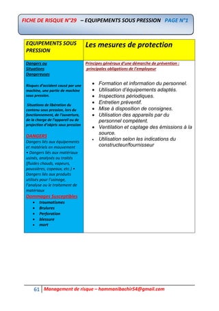 61 Management de risque – hammanibachir54@gmail.com
EQUIPEMENTS SOUS
PRESSION
Les mesures de protection
Dangers ou
Situations
Dangereuses
Risques d’accident causé par une
machine, une partie de machine
sous pression.
Situations de libération du
contenu sous pression, lors du
fonctionnement, de l’ouverture,
de la charge de l’appareil ou de
projection d’objets sous pression
DANGERS
Dangers liés aux équipements
et matériels en mouvement
• Dangers liés aux matériaux
usinés, analysés ou traités
(fluides chauds, vapeurs,
poussières, copeaux, etc.) •
Dangers liés aux produits
utilisés pour l’usinage,
l’analyse ou le traitement de
matériaux
Dommages Susceptibles
 traumatismes
 Brulures
 Perforation
 blessure
 mort
Principes généraux d’une démarche de prévention :
principales obligations de l’employeur
 Formation et information du personnel.
 Utilisation d’équipements adaptés.
 Inspections périodiques.
 Entretien préventif.
 Mise à disposition de consignes.
 Utilisation des appareils par du
personnel compétent.
 Ventilation et captage des émissions à la
source.
 Utilisation selon les indications du
constructeur/fournisseur
FICHE DE RISQUE N°29 – EQUIPEMENTS SOUS PRESSION PAGE N°1
 