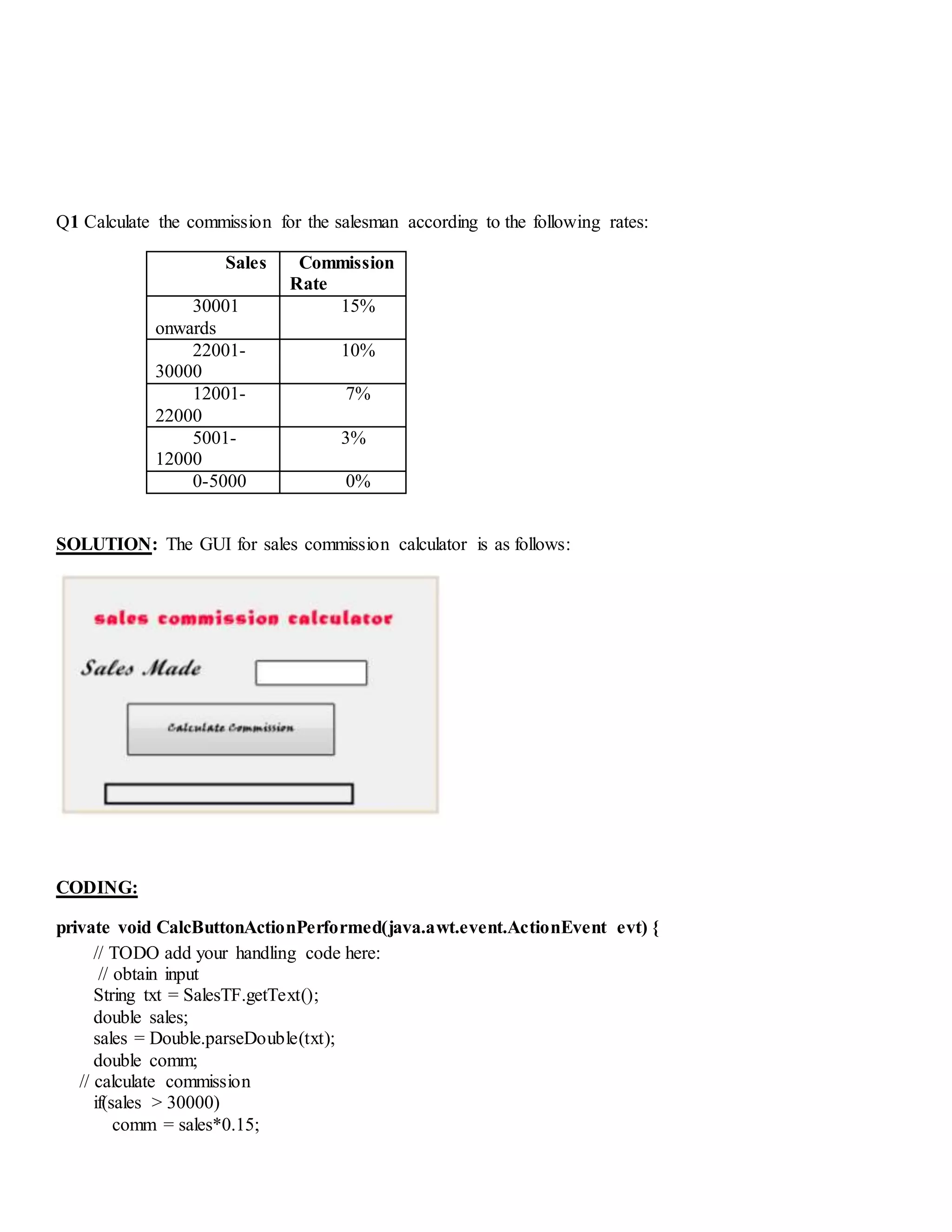 Q1 Calculate the commission for the salesman according to the following rates:
Sales Commission
Rate
30001
onwards
15%
22001-
30000
10%
12001-
22000
7%
5001-
12000
3%
0-5000 0%
SOLUTION: The GUI for sales commission calculator is as follows:
CODING:
private void CalcButtonActionPerformed(java.awt.event.ActionEvent evt) {
// TODO add your handling code here:
// obtain input
String txt = SalesTF.getText();
double sales;
sales = Double.parseDouble(txt);
double comm;
// calculate commission
if(sales > 30000)
comm = sales*0.15;
 