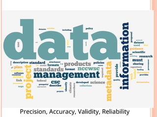 Precision, Accuracy, Validity, Reliability
 