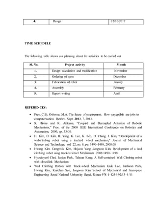 4. Design 12/10/2017
TIME SCHEDULE
The following table shows our planning about the activities to be carried out
Sl. No. Project activity Month
1. Design calculation and modification November
2. Ordering of parts December
3. Fabrication of robot January
4. Assembly February
5. Report writing April
REFERENCES:
 Frey, C.B.; Osborne, M.A. The future of employment: How susceptible are jobs to
computerisation. Retriev. Sept. 2013, 7, 2013.
 S. Hirose and K. Arikawa, “Coupled and Decoupled Actuation of Robotic
Mechanisms,” Proc. of the 2000 IEEE International Conference on Robotics and
Automation, 2000, pp. 33-39.
 H. Kim, D. Kim, H. Yang, K. Lee, K. Seo, D. Chang, J. Kim, "Development of a
wall-climbing robot using a tracked wheel mechanism," Journal of Mechanical
Science and Technology, vol. 22, no. 8, pp. 1490-1498, 2008.08
 Hwang Kim, Dongmok Kim, Hojoon Yang ,Jongwon Kim, Development of a wall
climbing robot using tracked wheel Mechanism. 2008 1490~1498
 Hyoukryeol Choi, Jaejun Park, Taheun Kang; A Self-contained Wall Climbing robot
with closedlink Mechanism
 Wall Climbing Robots with Track-wheel Mechanism Giuk Lee, Junhwan Park,
Hwang Kim, Kunchan Seo, Jongwon Kim School of Mechanical and Aerospace
Engineering Seoul National University Seoul, Korea 978-1-4244-925 3-4 /11
 