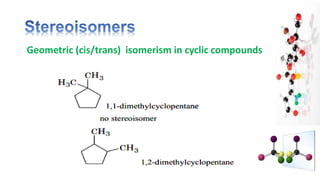 Geometric (cis/trans) isomerism in cyclic compounds
 
