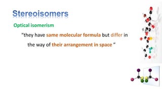 Optical isomerism
“they have same molecular formula but differ in
the way of their arrangement in space ”
 