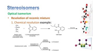 Optical isomerism
• Resolution of recemic mixture
1. Chemical resolution example:
 
