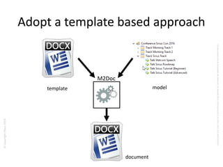 ©copyrightObeo2016
CedocumentestlapropriétédeObeoetnesauraitêtrecommuniquéàunterssanssonautorisaton.
Adopt a template based approach
M2Doc
template model
document
 