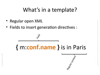 ©copyrightObeo2016
CedocumentestlapropriétédeObeoetnesauraitêtrecommuniquéàunterssanssonautorisaton.
What’s in a template?
• Regular open XML
• Fields to insert generaton directves :
Regularcontent
Field
 