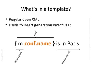 ©copyrightObeo2016
CedocumentestlapropriétédeObeoetnesauraitêtrecommuniquéàunterssanssonautorisaton.
What’s in a template?
• Regular open XML
• Fields to insert generaton directves :
M2Docprefix
Regularcontent
Field
 