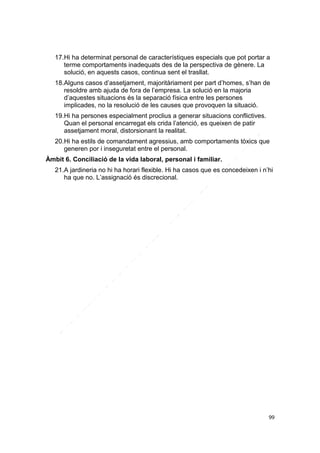 17.Hi ha determinat personal de característiques especials que pot portar a
terme comportaments inadequats des de la perspectiva de gènere. La
solució, en aquests casos, continua sent el trasllat.
18.Alguns casos d’assetjament, majoritàriament per part d’homes, s’han de
resoldre amb ajuda de fora de l’empresa. La solució en la majoria
d’aquestes situacions és la separació física entre les persones
implicades, no la resolució de les causes que provoquen la situació.
19.Hi ha persones especialment proclius a generar situacions conflictives.
Quan el personal encarregat els crida l’atenció, es queixen de patir
assetjament moral, distorsionant la realitat.
20.Hi ha estils de comandament agressius, amb comportaments tòxics que
generen por i inseguretat entre el personal.
Àmbit 6. Conciliació de la vida laboral, personal i familiar.
21.A jardineria no hi ha horari flexible. Hi ha casos que es concedeixen i n’hi
ha que no. L’assignació és discrecional.

99

 